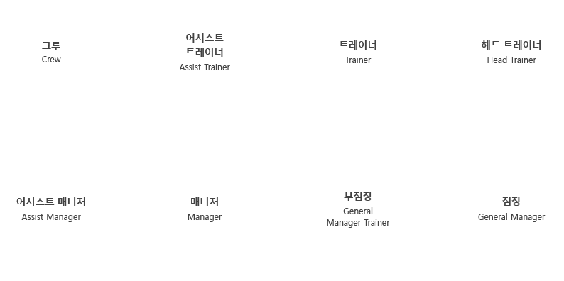 바이킹스 직급체계는 크루(Crew):파트타이머 다음 어시스트 트레이너(Assist Trainer) : 신입사원 다음 트레이너(Trainer) : 신입사원 교육담당 다음 헤드 트레이너(Head Trainer) : 매장 실무 보조 다음 어시스트 매니저(Assist Manager) : 매장 실무 책임자 다음 매니저(Manager) : 매장 관리자 다음 부점장(General Manager Trainer) : 매장 운영 및 점장 보좌 다음 점장(General Manager) : 매장 총괄 운영 순서로 이루어져 있다.